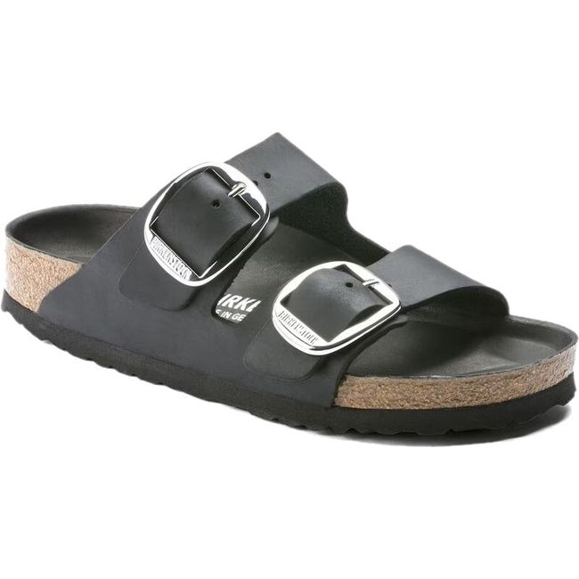 Front angled view of Birkenstock Women's Arizona Big Buckle Oiled Leather Sandal in black