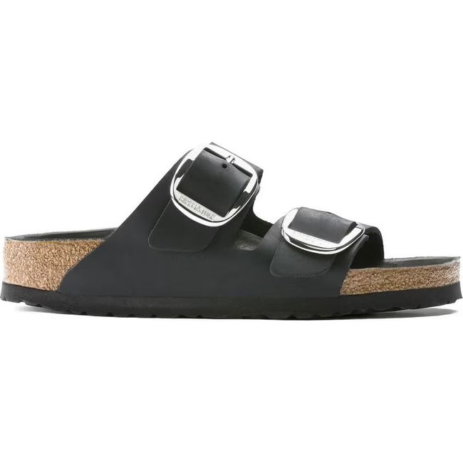 Lateral side of Birkenstock Women's Arizona Big Buckle Oiled Leather Sandal in black