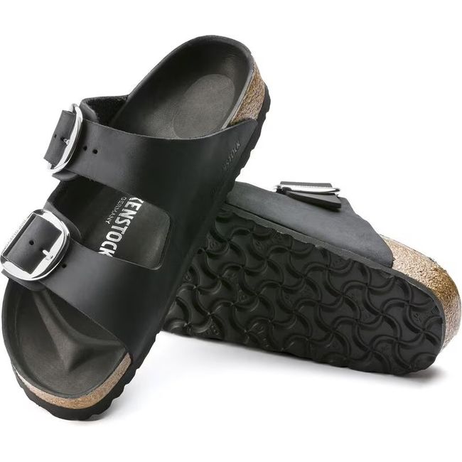 Upper and sole of Birkenstock Women's Arizona Big Buckle Oiled Leather Sandals in black