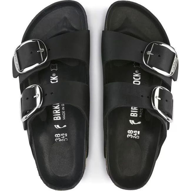 Top down view of Birkenstock Women's Arizona Big Buckle Oiled Leather Sandals in black