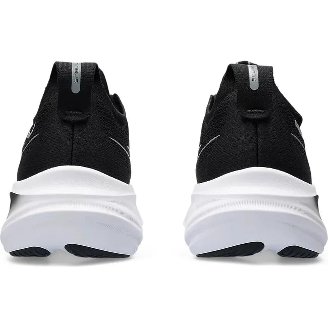 Heels of Mens Asics Gel Nimbus 26 Running Shoe in black and graphite grey with white cushioned soles