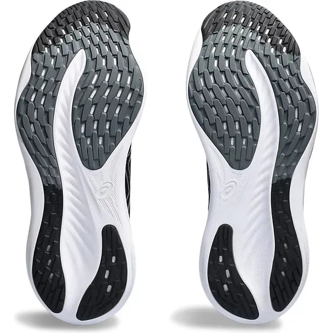 Sole of Mens Asics Gel Nimbus 26 Running Shoes with white soles and black and graphite grey tread