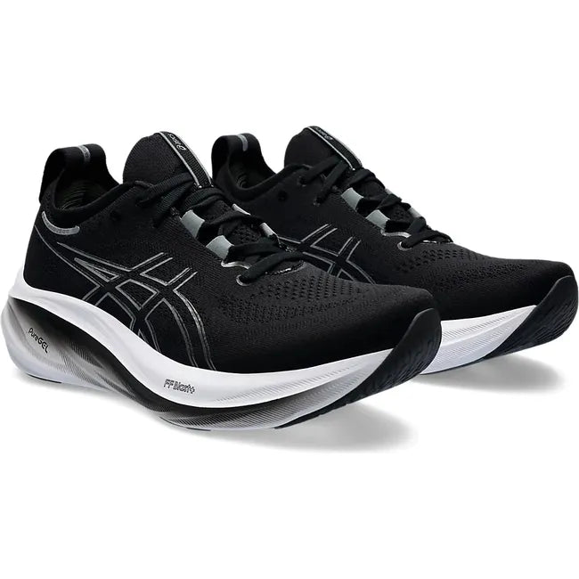 Pair of Mens Asics Gel Nimbus 26 Running Shoes in black and graphite grey with white cushioned soles