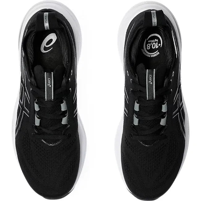 Top down view of Mens Asics Gel Nimbus 26 Running Shoes in black and graphite grey