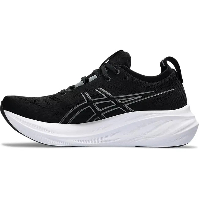 Medial side of Men's Asics Gel Nimbus 26 Running Shoe in black and graphite grey with white sole