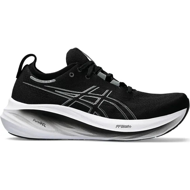 Lateral side of Men's Asics Gel Nimbus 26 Running Shoe in black and graphite grey