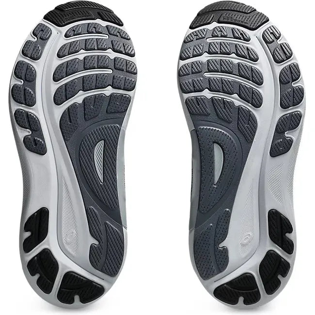 Soles of Mens Asics Gel-Kayano 31 Running Shoes in steel grey with cushioned outsole and black tread