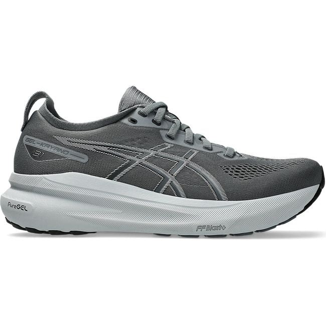 Front angled view of Men's Asics Gel-Kayano 31 Running Shoe in steel grey with cushioned midsole