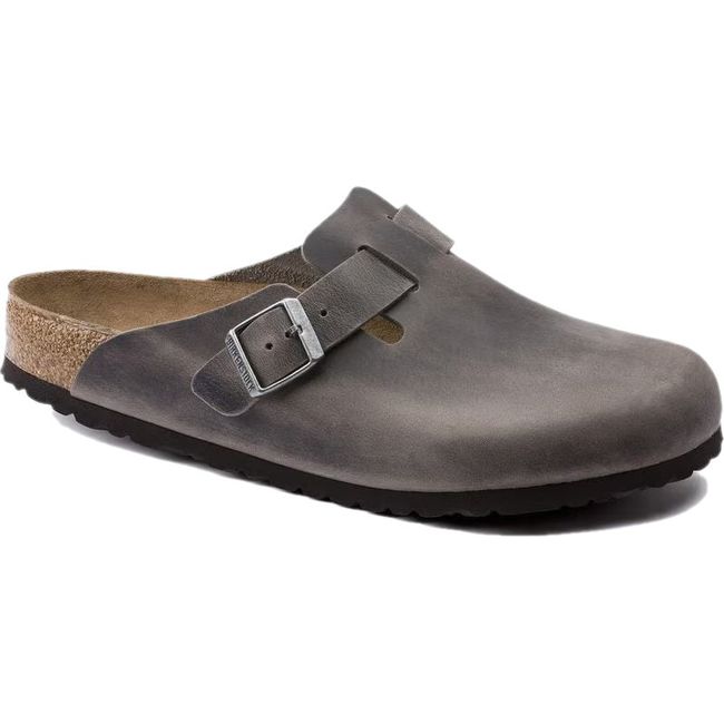 Front angled view of Birkenstock Unisex Boston Soft Footbed Oiled Leather Clog in Iron grey