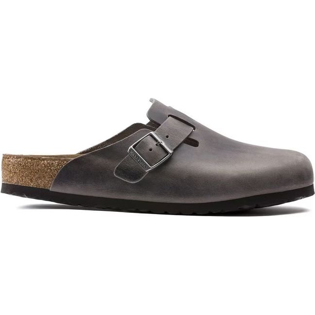 Lateral side of Birkenstock Unisex Boston Soft Footbed Oiled Leather Clog in Iron grey