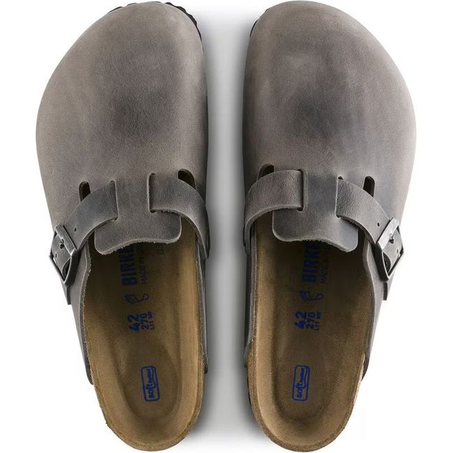 Top down view of Birkenstock Unisex Boston Soft Footbed Oiled Leather Clogs in Iron grey