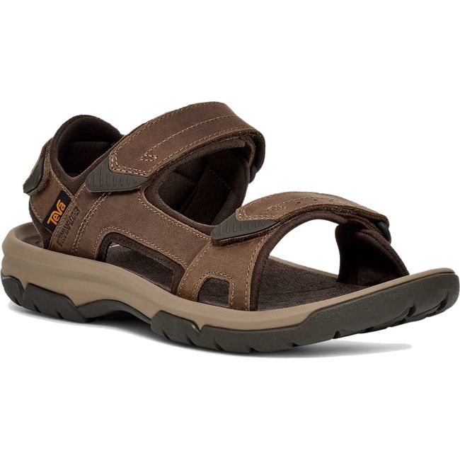 Front angled view of Men's Teva Langdon Sandal in Walnut Brown with three velcro straps