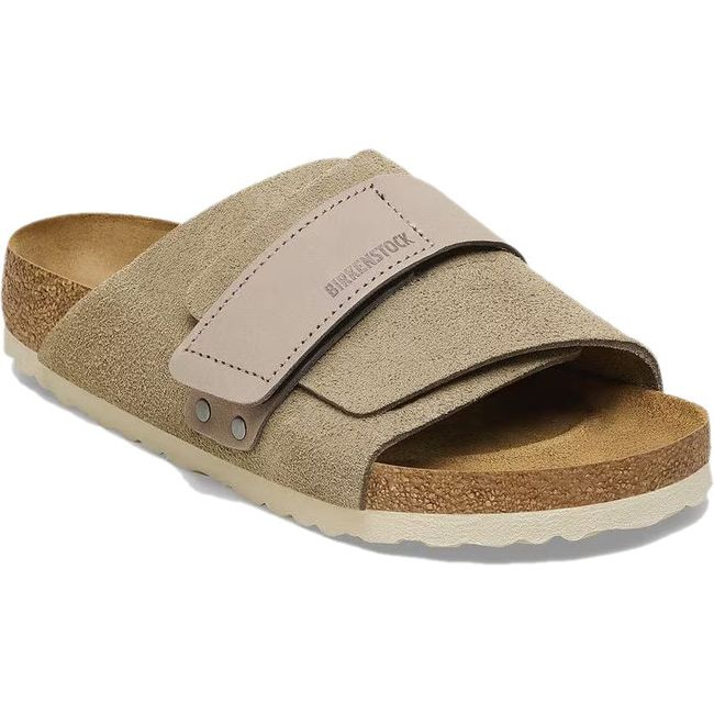 Front angled view of Birkenstock Women's Kyoto Nubuck Suede Leather Narrow Sandal in taupe