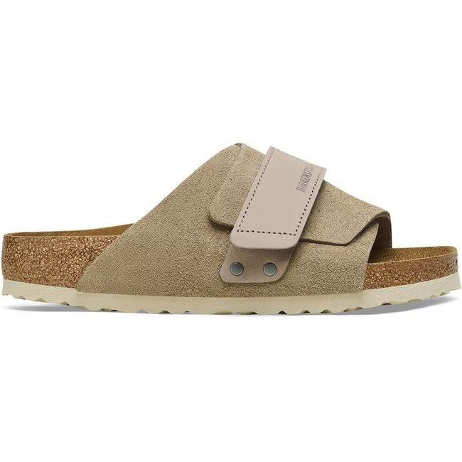 Lateral side of Birkenstock Women's Kyoto Nubuck Suede Leather Narrow Sandal in taupe