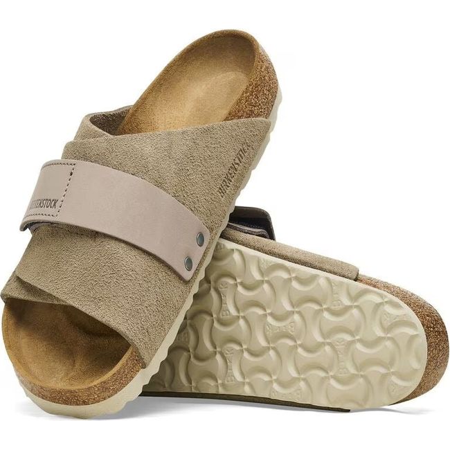 Upper and sole of Birkenstock Women's Kyoto Nubuck Suede Leather Narrow Sandal in taupe