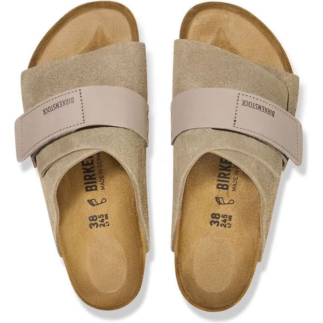 Top down view of Birkenstock Women's Kyoto Nubuck Suede Leather Narrow Sandals in taupe