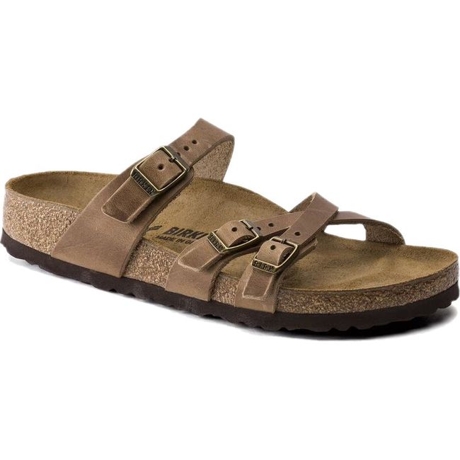 Front angled view of Birkenstock Women's Franca Oiled Leather Sandal in Tobacco Brown