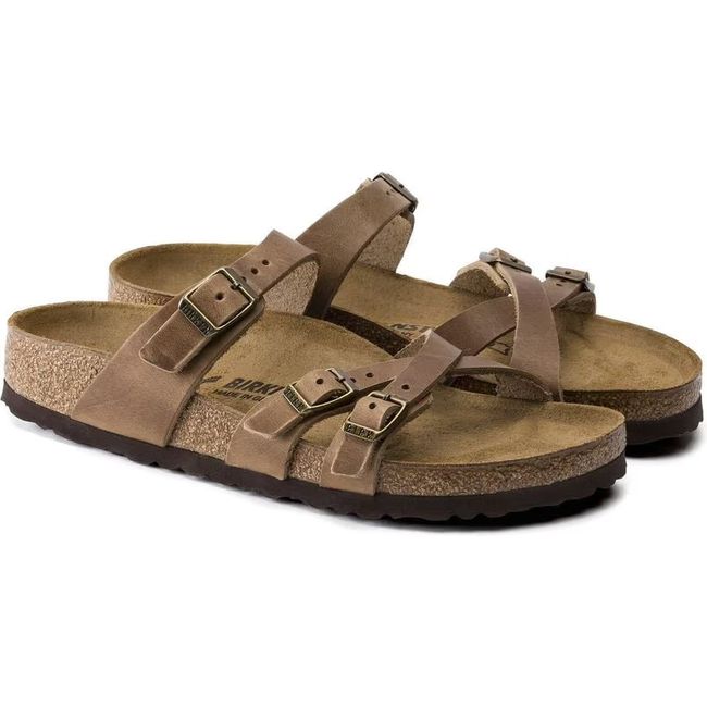 Pair of Birkenstock Women's Franca Oiled Leather Sandals in Tobacco Brown with three buckle straps