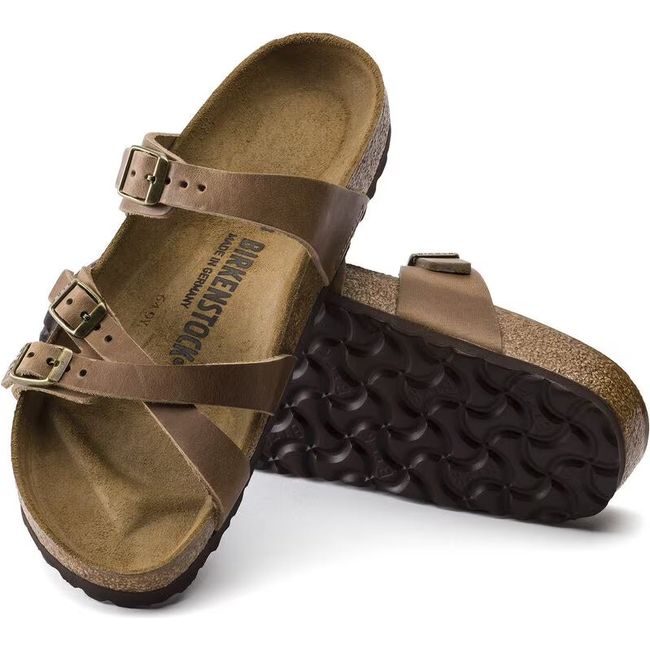 Upper and sole of Birkenstock Womens Franca Oiled Leather Sandals in Tobacco Brown with three straps