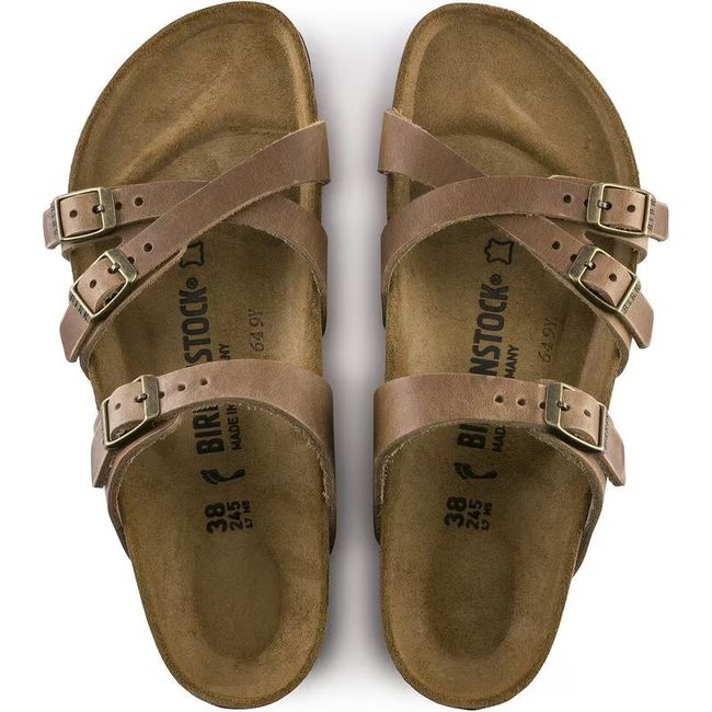 Top down view of Birkenstock Women's Franca Oiled Leather Sandals in Tobacco Brown with three straps
