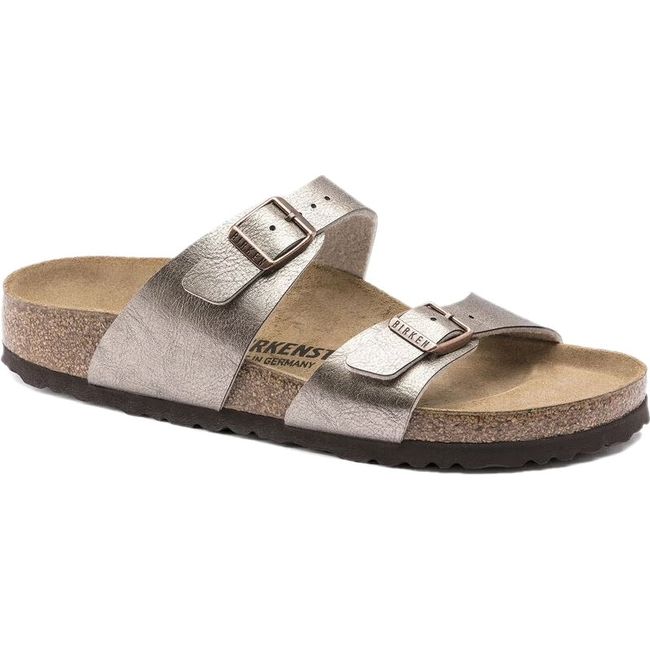 Front angled view of Birkenstock Women's Sydney Birko-Flor Sandal in Graceful Taupe