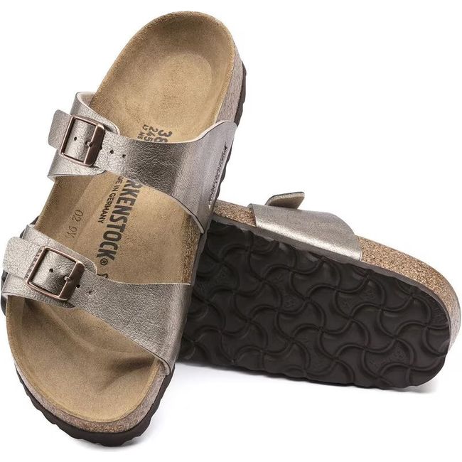 Upper and sole of Birkenstock Women&#39;s Sydney Birko-Flor Sandals in Graceful Taupe