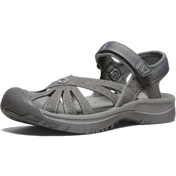 Front angled view of Keen Women's Rose Sandal in Gargoyle/Raven