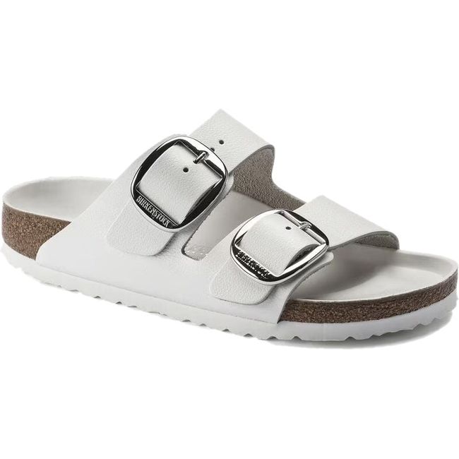 Front angled view of Birkenstock Women's Arizona Big Buckle Sandal in White Leather