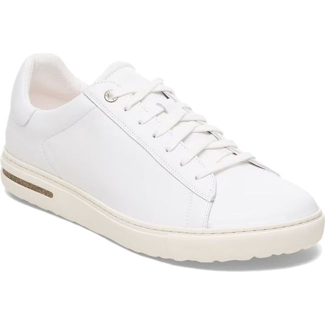 Front angled view of Birkenstock Unisex Bend Shoe in all white leather with lace up closure
