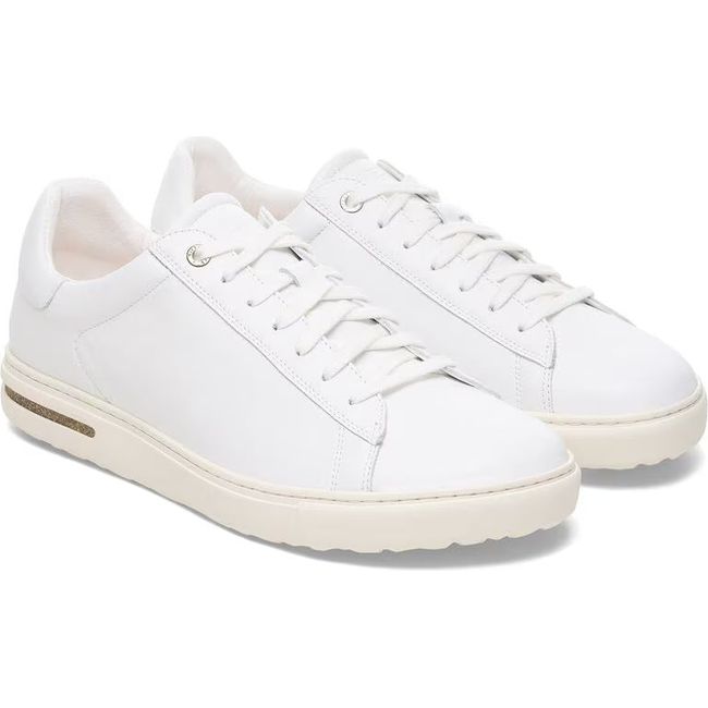 Pair of Birkenstock Unisex Bend Shoes in all white leather with lace up closure