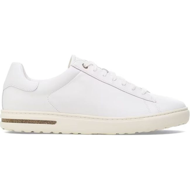 Lateral side of Birkenstock Unisex Bend Shoe in all white leather with lace up closure