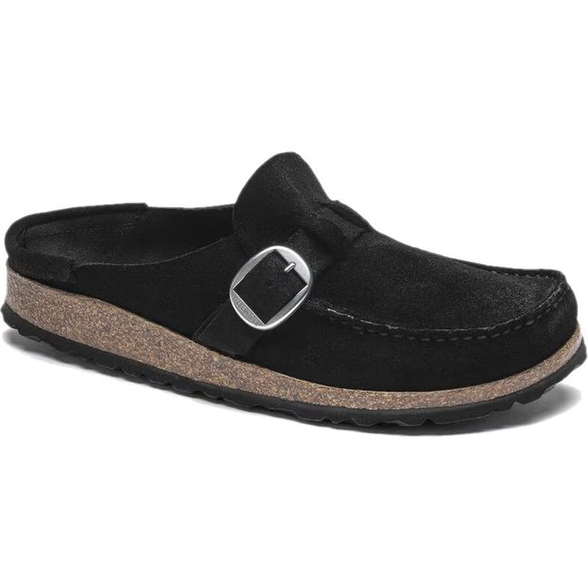 Front angled view of Birkenstock Women's Buckley Suede Clog in black