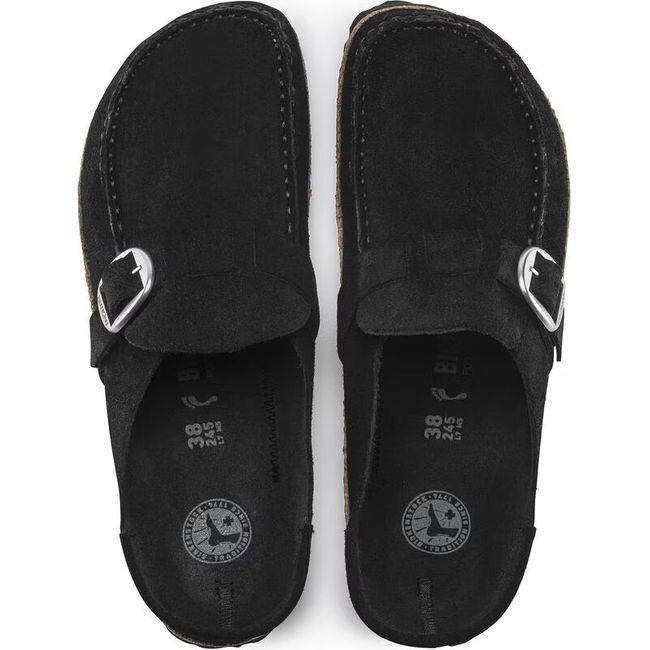 Top down view of Birkenstock Women's Buckley Suede Clogs in black
