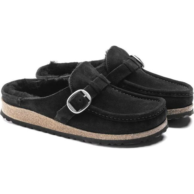 Pair of Birkenstock Women's Buckley Shearling Narrow Clogs in black suede