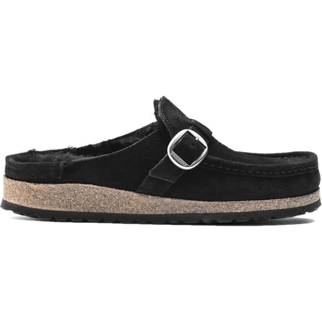 Lateral side of Birkenstock Women's Buckley Shearling Narrow Clog in black suede