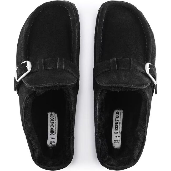 Top down view of Birkenstock Women's Buckley Shearling Narrow Clog in black suede