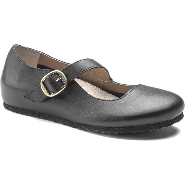 Front angled view of Birkenstock Women&#39;s Tracy Mary Jane Shoe in black leather