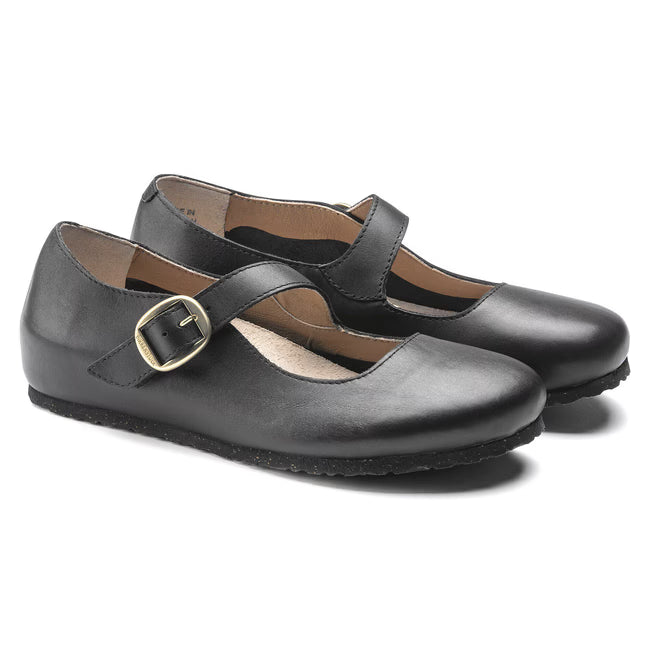 Pair of Birkenstock Tracy black leather flats with Mary Jane strap and contoured footbed