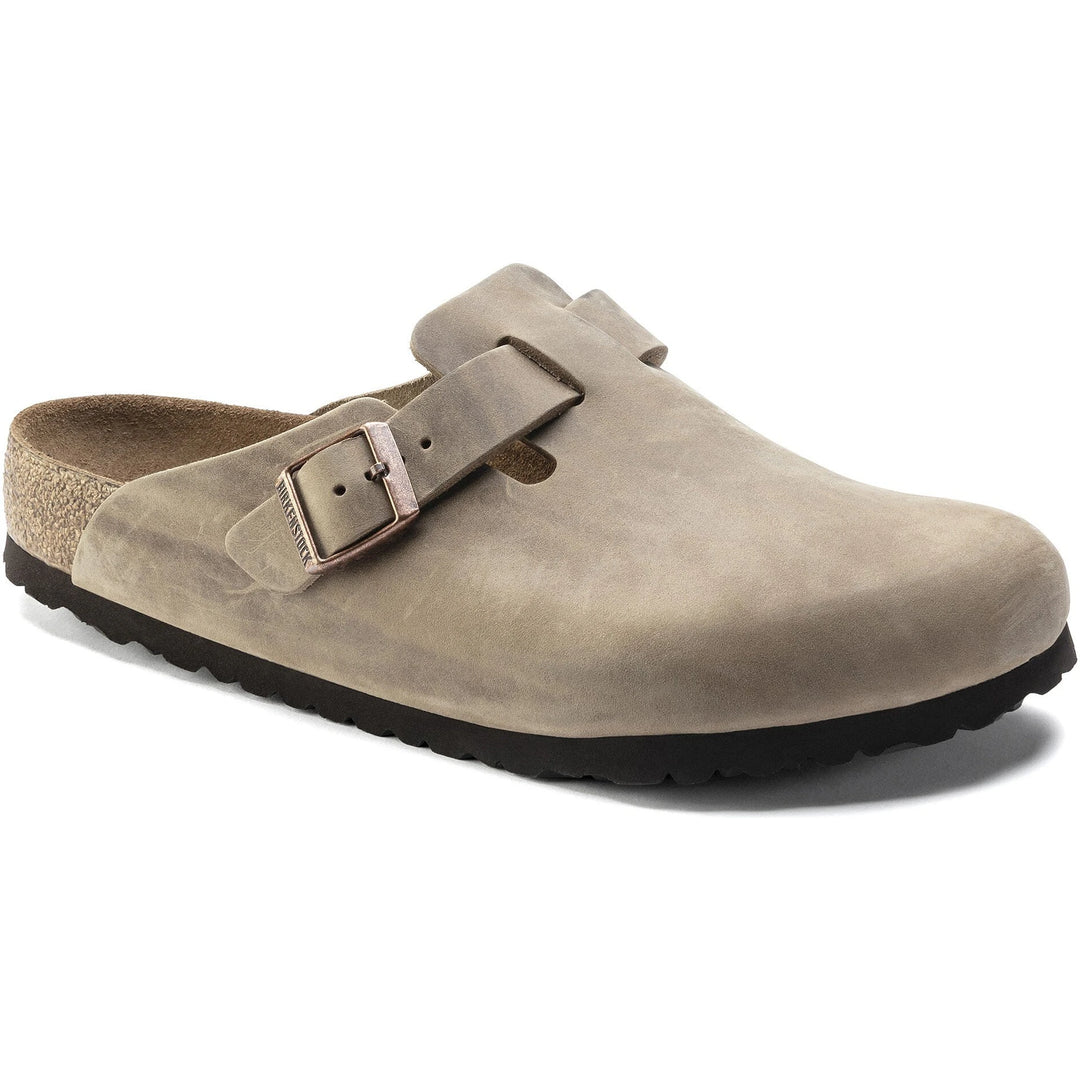 Front angled view of Birkenstock Unisex Boston Soft Footbed Oiled Leather Clog in Tobacco Brown