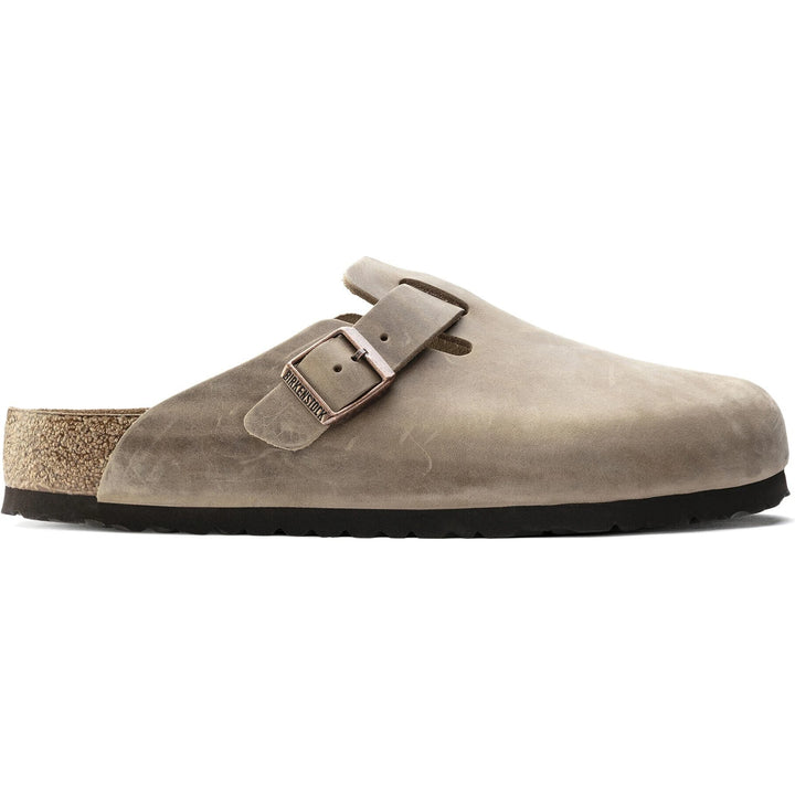 Lateral side of Birkenstock Unisex Boston Soft Footbed Oiled Leather Clog in Tobacco Brown