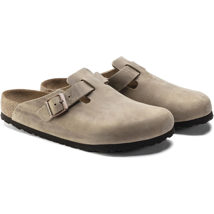 Pair of Birkenstock Unisex Boston Soft Footbed Oiled Leather Clogs in Tobacco Brown
