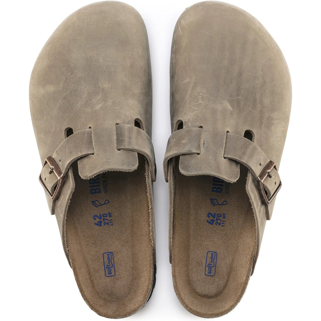 Top down view of Birkenstock Unisex Boston Soft Footbed Oiled Leather Clogs in Tobacco Brown