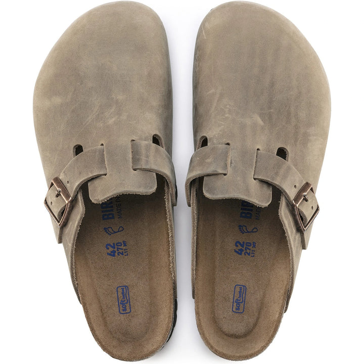 Top down view of Birkenstock Unisex Boston Soft Footbed Oiled Leather Clogs in Tobacco Brown