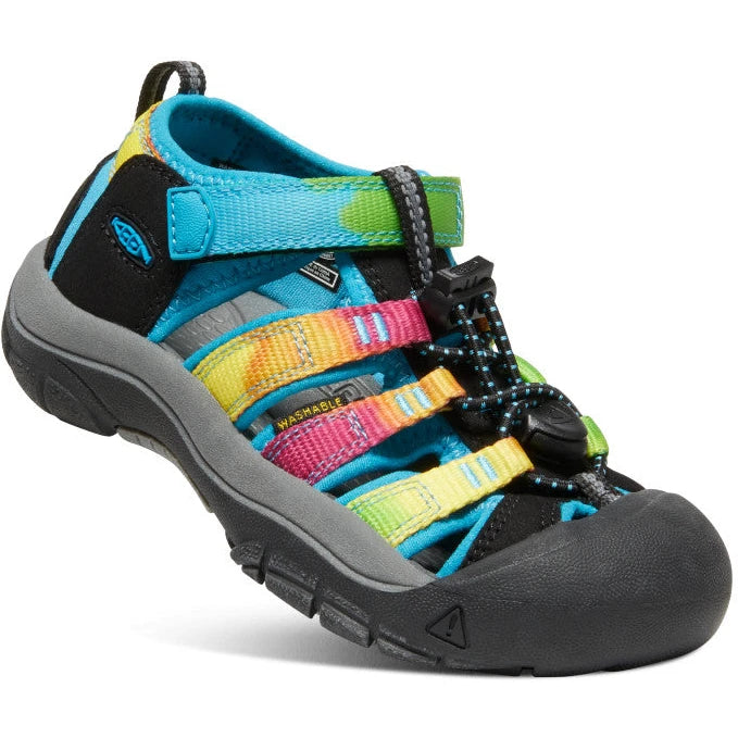 Front angled view of Keen Kids' Newport H2 Sandal (Little Kid) in Rainbow Tie Dye