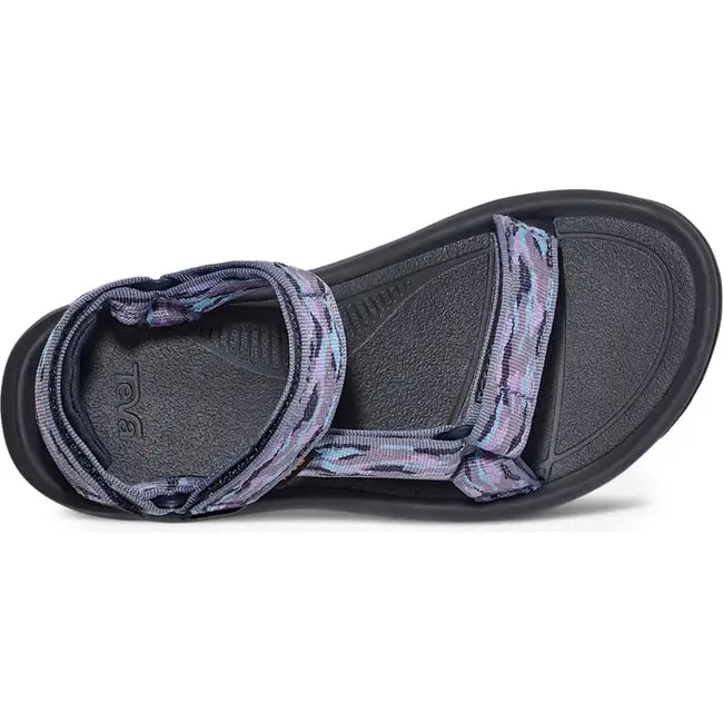 Upper of Women's Teva Hurricane XLT2 Sandal in Mesh Total Eclipse Gray, Purple, and Blue with velcro