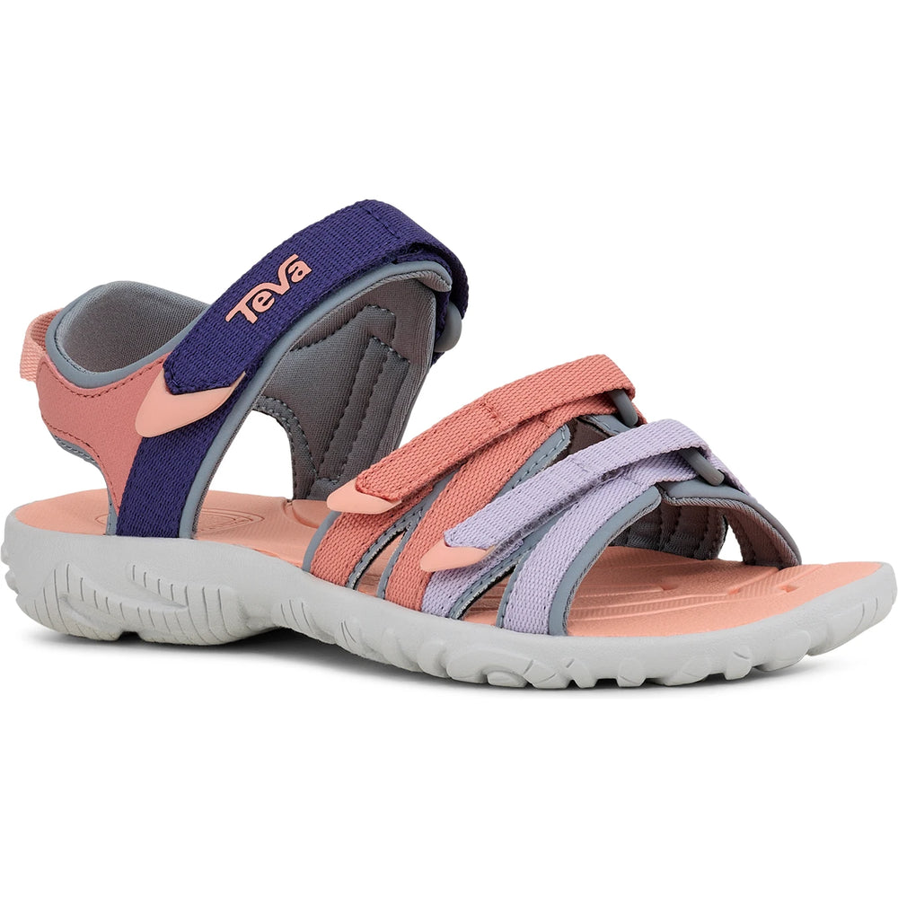 Front angle of Teva Kids' Tirra Sandal in Early Birk Purple/Coral