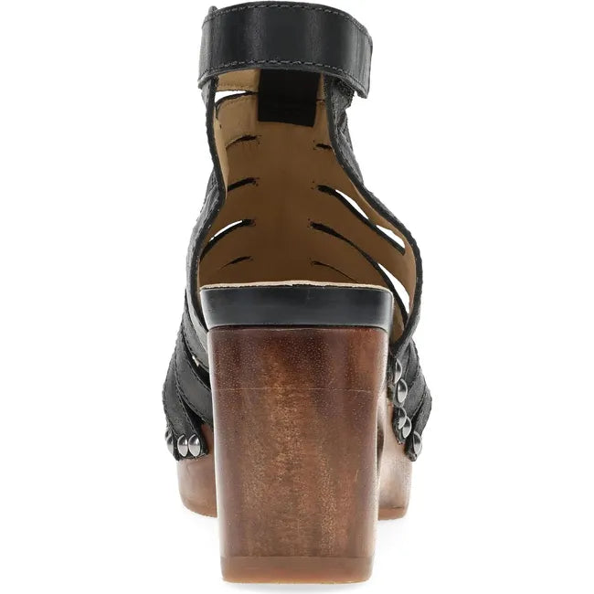 Heel of Women's Dansko Adie Heel in Black Calf leather. A gladiator style heel with a backstrap