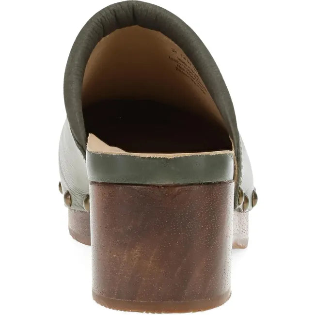 Dansko Andie wood clog in olive leather, back view showing open-back silhouette