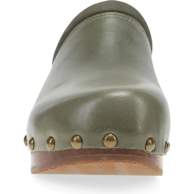 Dansko Andie wood clog in olive leather, front view