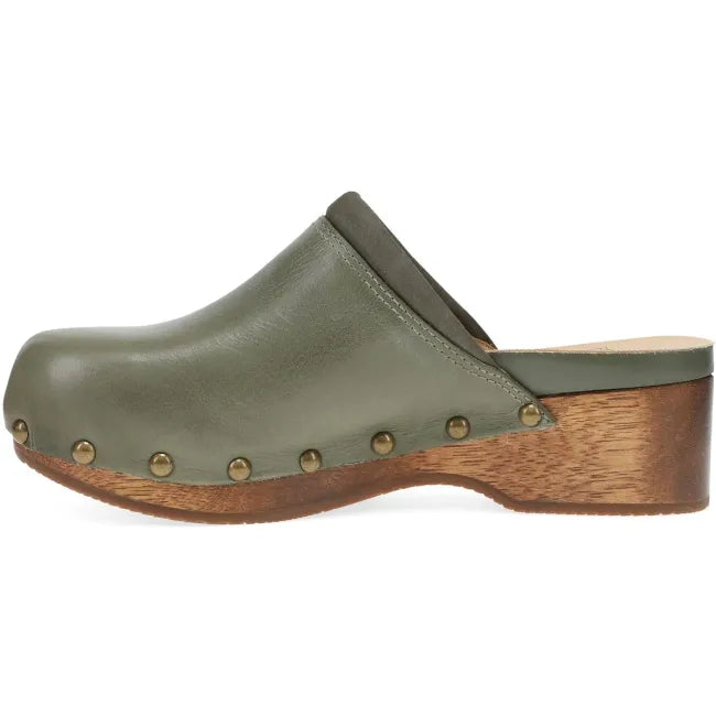 Dansko Andie wood clog in olive leather, side profile showing hand-crafted wood midsole